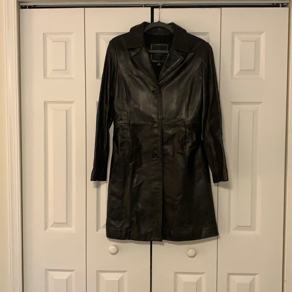 AM studio black leather jacket- length:falls right above the knee